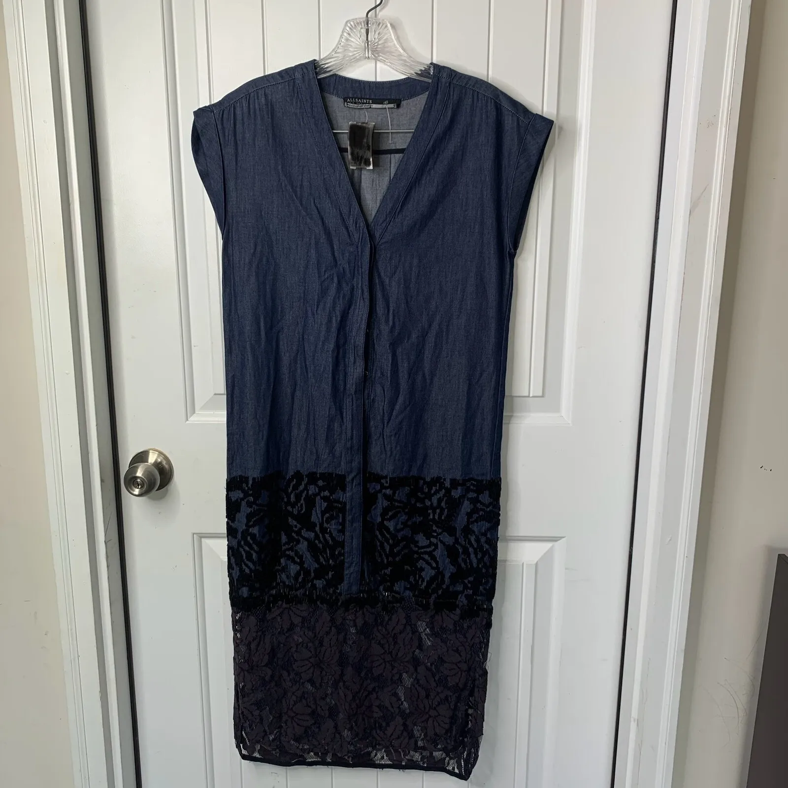 All‎ Saint blue denim lace floral embroidered midi shirt dress size 0 US boho - Image 3