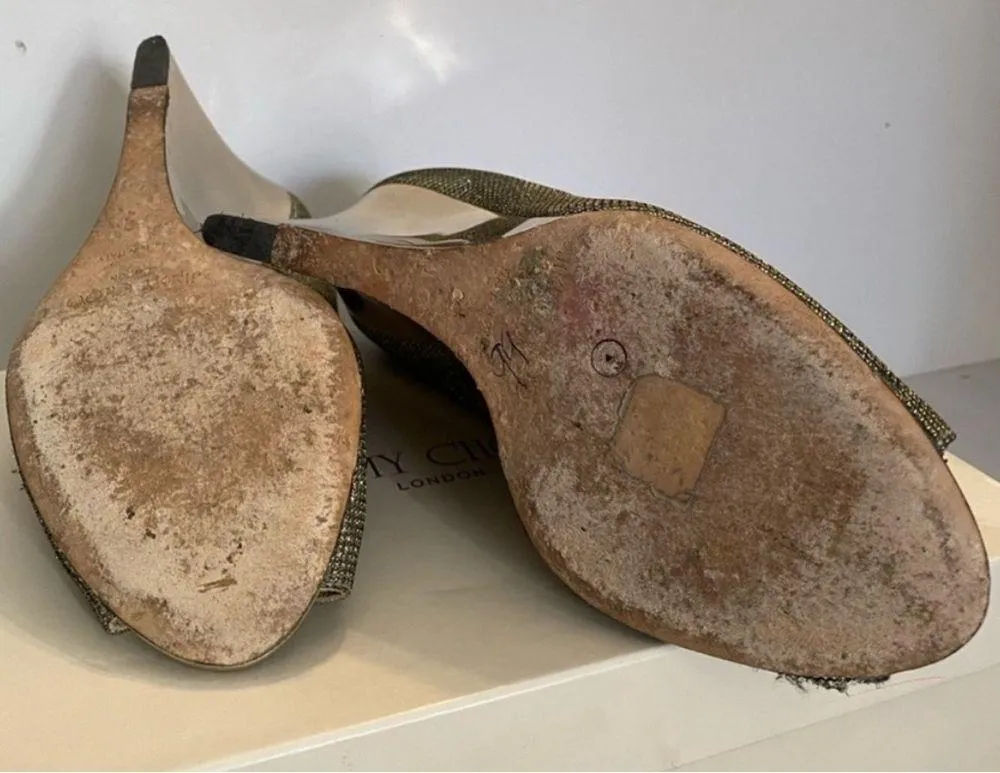 Jimmy Choo Gold Glitter Baxen Peep Toe Wedge Pumps  (9) - Image 4