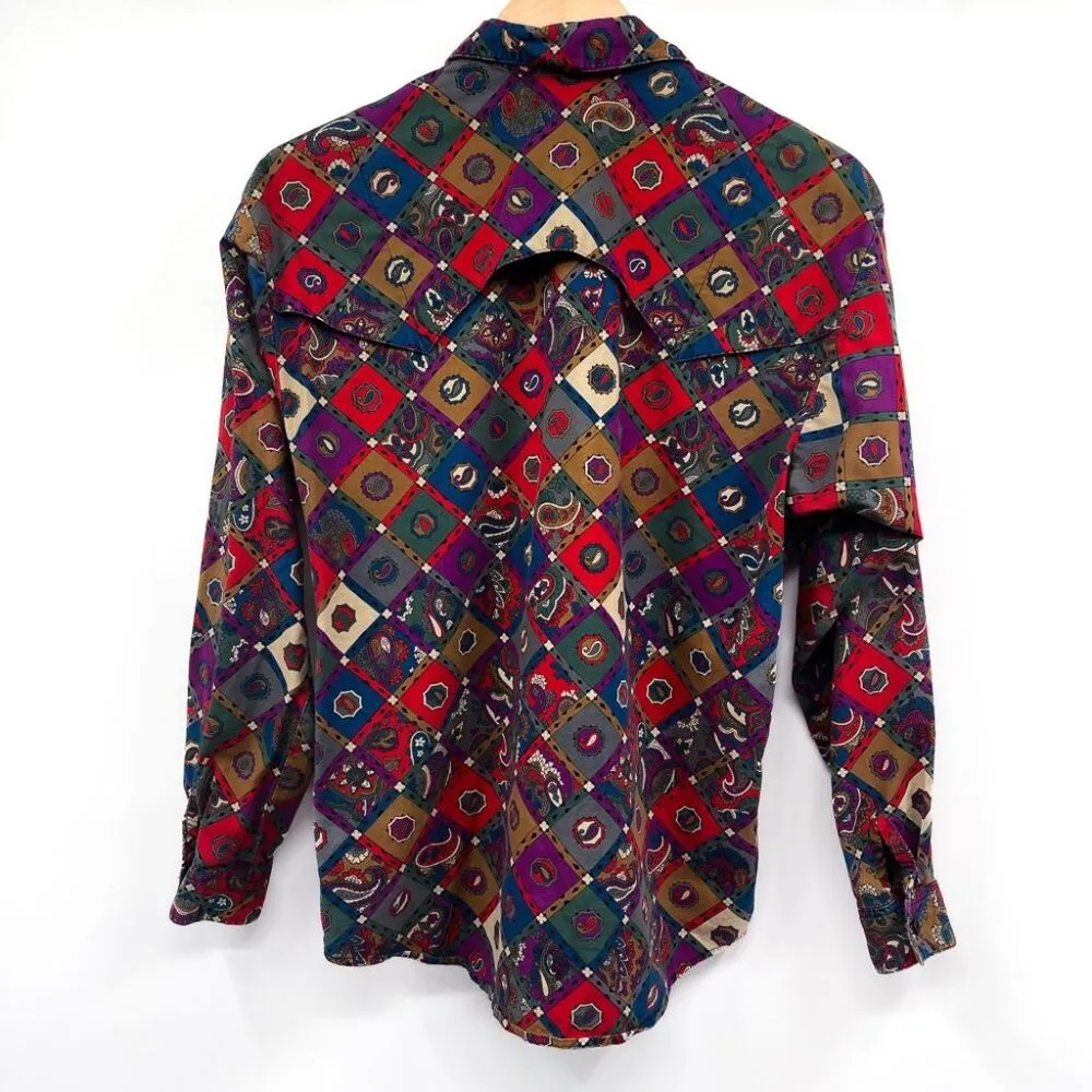 Wrangler Vintage 1980s Western Southwestern Aztec Print Pattern Button Up Shirt Top 80s - Image 2