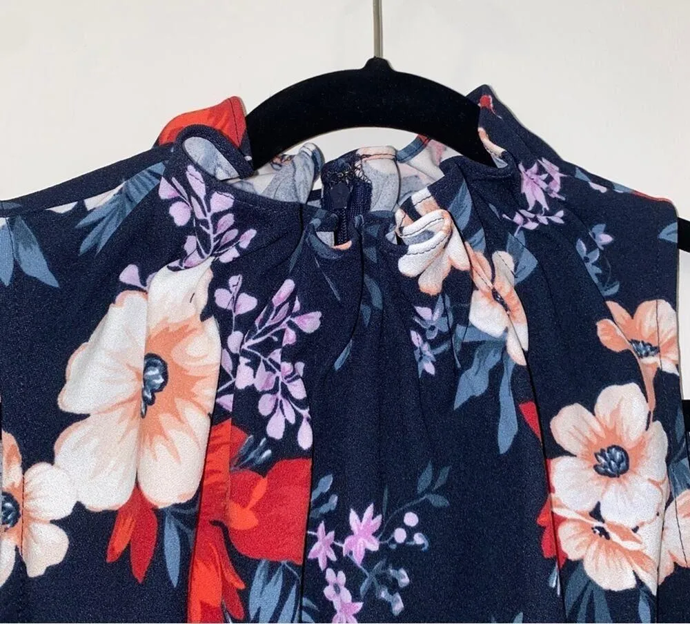 Ann Taylor Ruffle Mock Neck Navy Blue Floral Sleeveless Blouse XS whimsigothic - Image 2