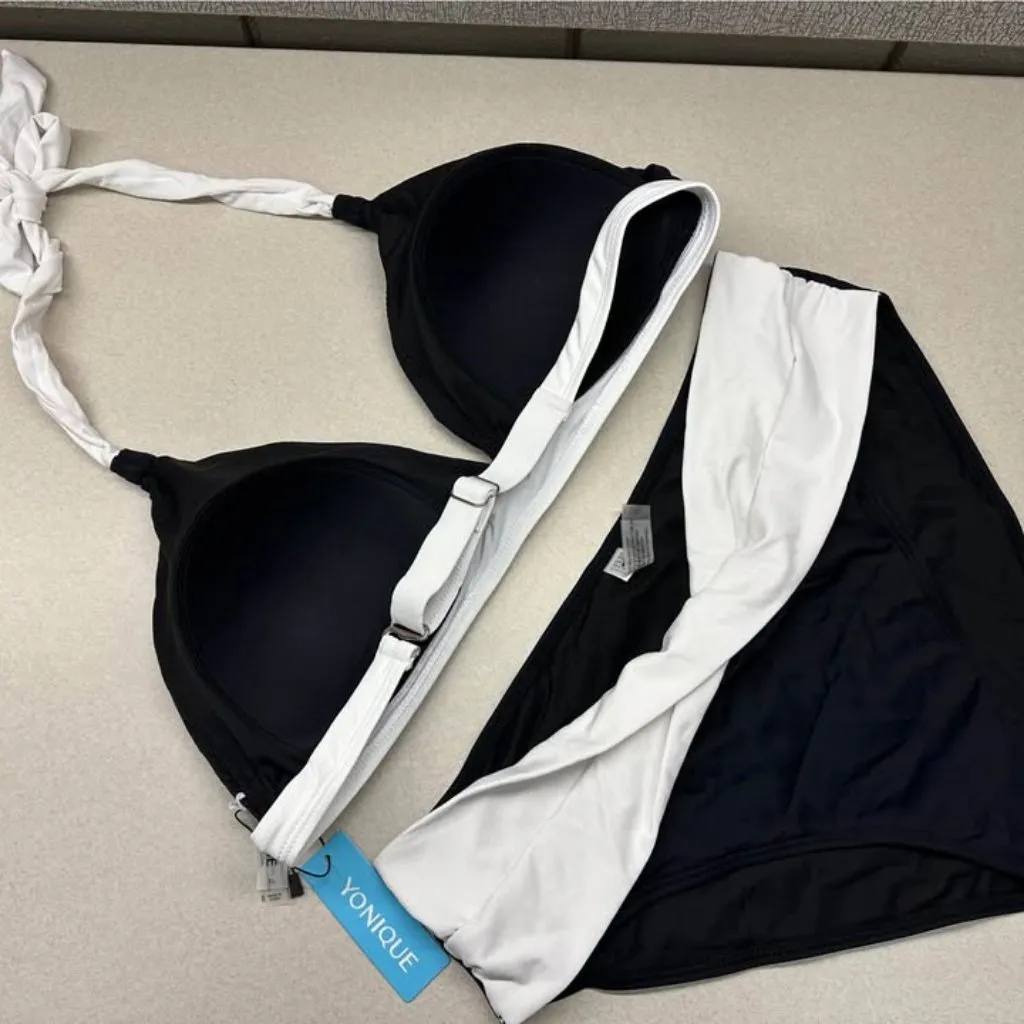 NWT Yonique Women Two Piece Bathing Suit Push Up Bikini Set Halter Swimsuit XL Black - Image 2