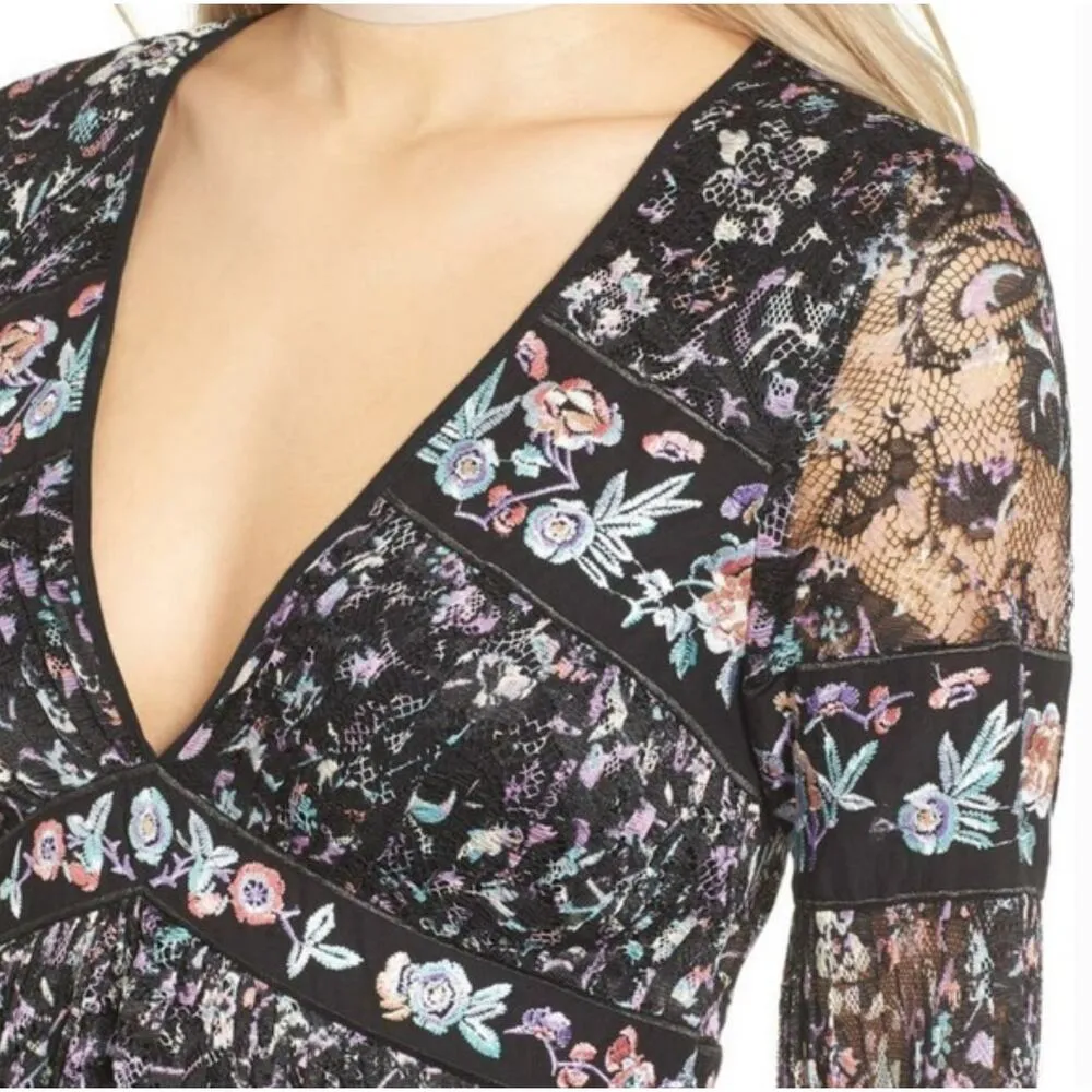 New Free People Cherry Blossom Embroidered Black Floral Mini Dress Women Size 0 - Image 4