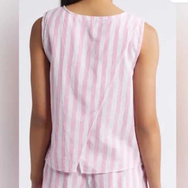 Beach Lunch Lounge Linen Blend Pink & White Striped Sleeveless Tank Top L - Image 4