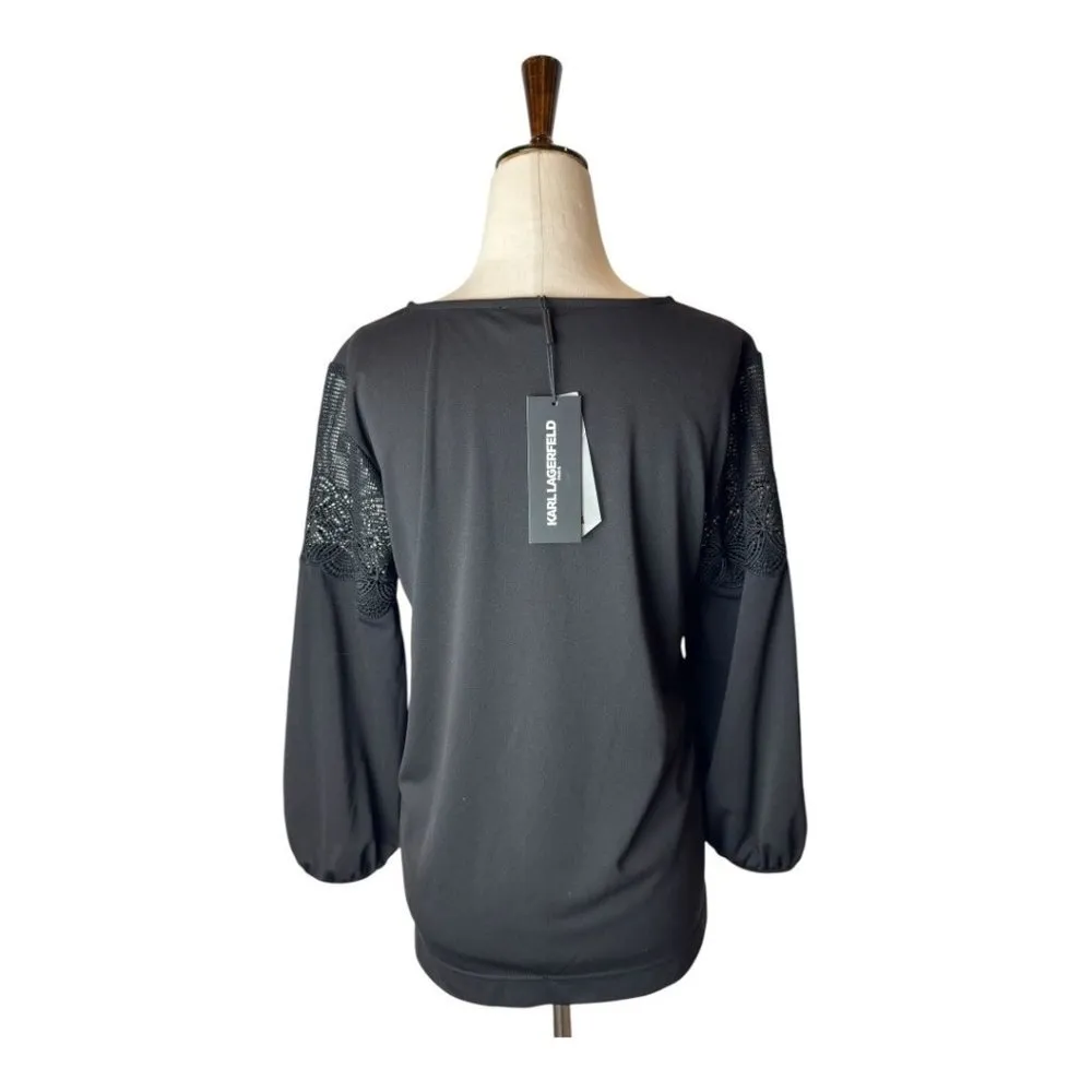 Karl Lagerfeld Shirt Women Small Black Lace Panel Blouse Whimsigoth Gothic NWT - Image 2