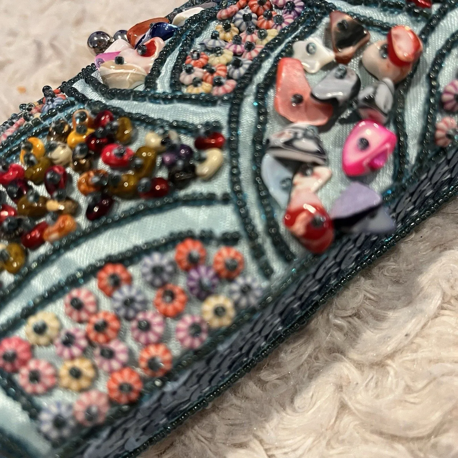 Hand Beaded Shell Clutch Purse Teal Blue Kiss Lock Evening Bag w/ Chain - Image 7