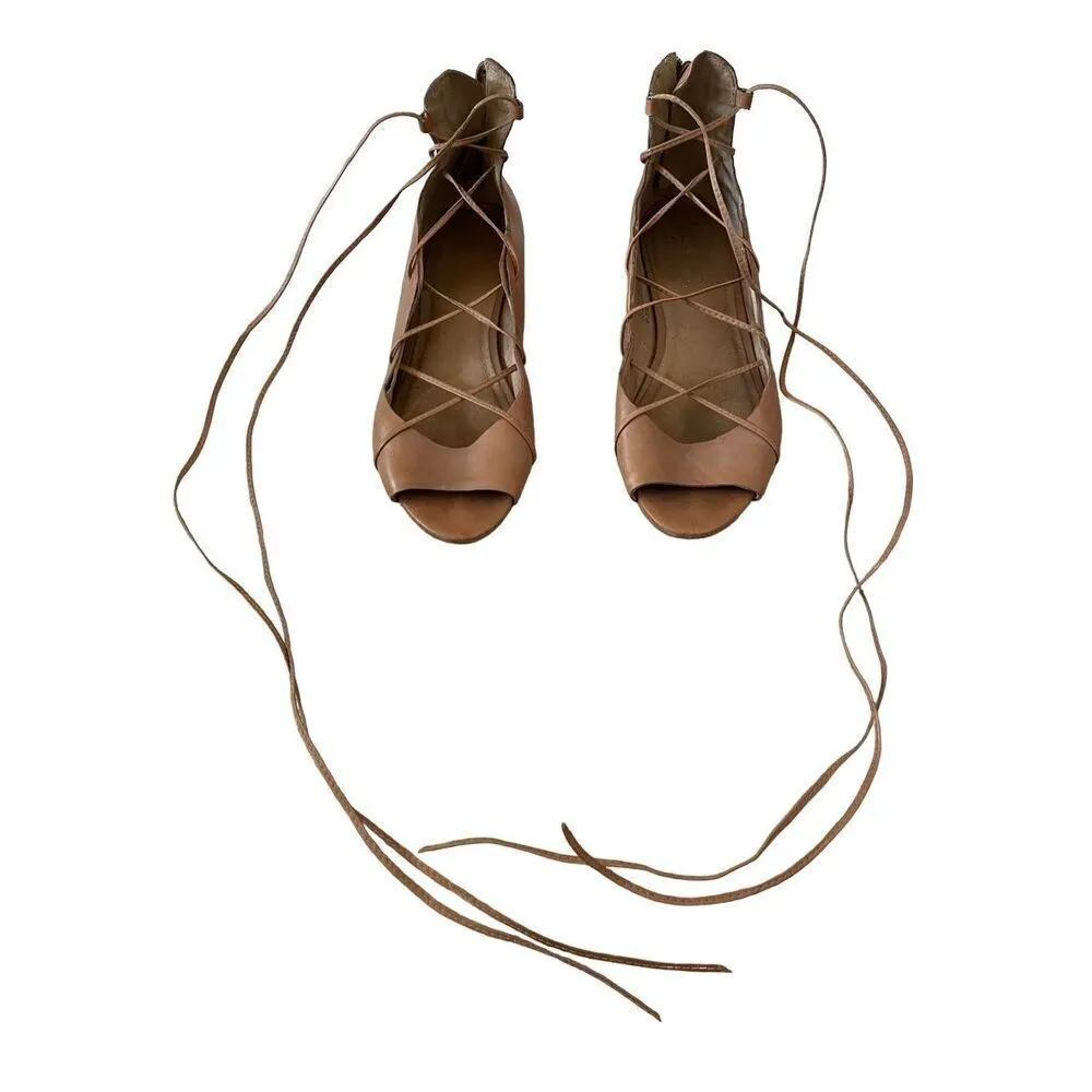 SEY Collection 8.5B Lace Up Flats Leather Strappy Boho Sandals Summer Beach Coast Tan Size 8.5 - Image 6