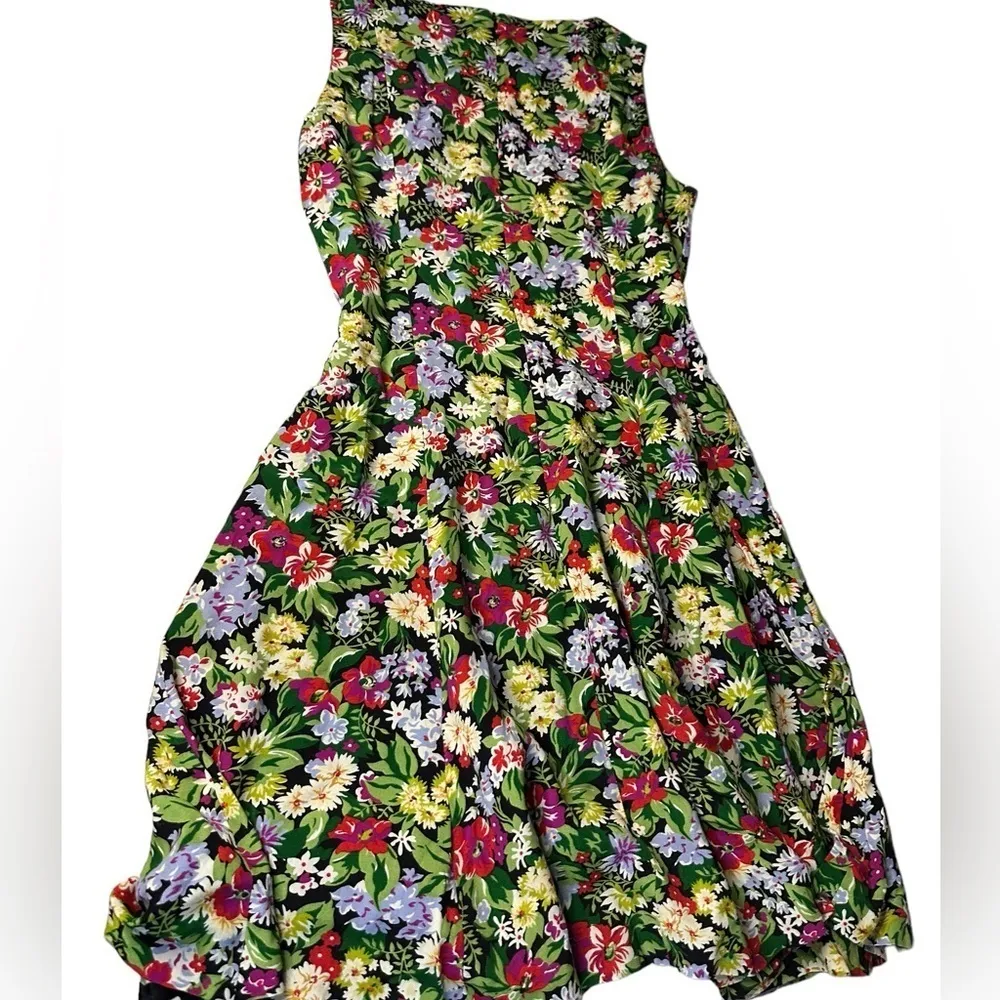 90s Liz Claiborne Green and Pink Floral Print Swing Tank Dress 10 bm - Image 6