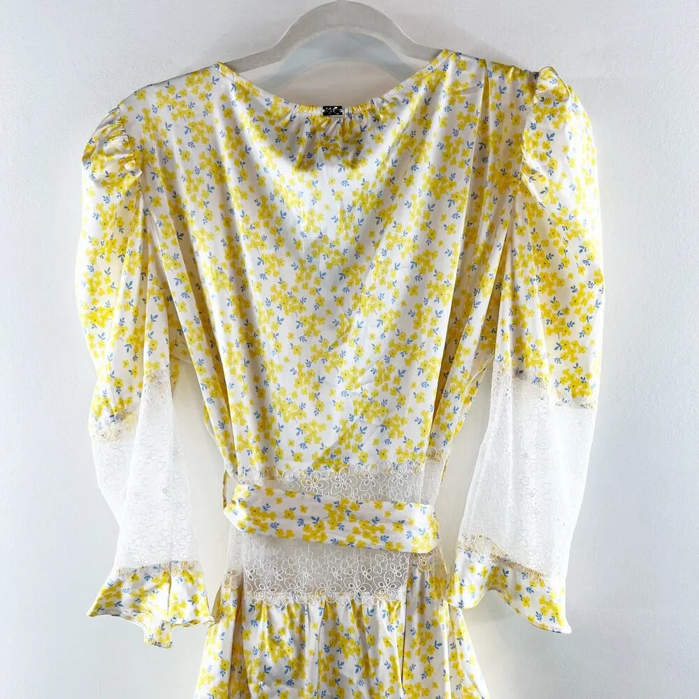 For Love & Lemons Floral Tiered Sheer Lace Mini Slip Dress Butter Yellow Large - Image 9
