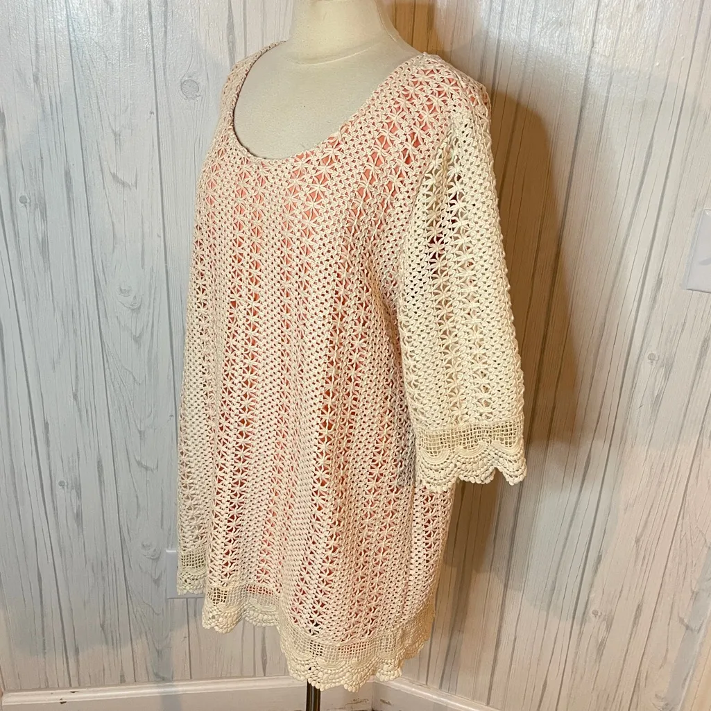 UMGEE Crochet Shift Dress 3/4 Sleeve Cream with Peach Show-Thru Lining, XL - Image 6