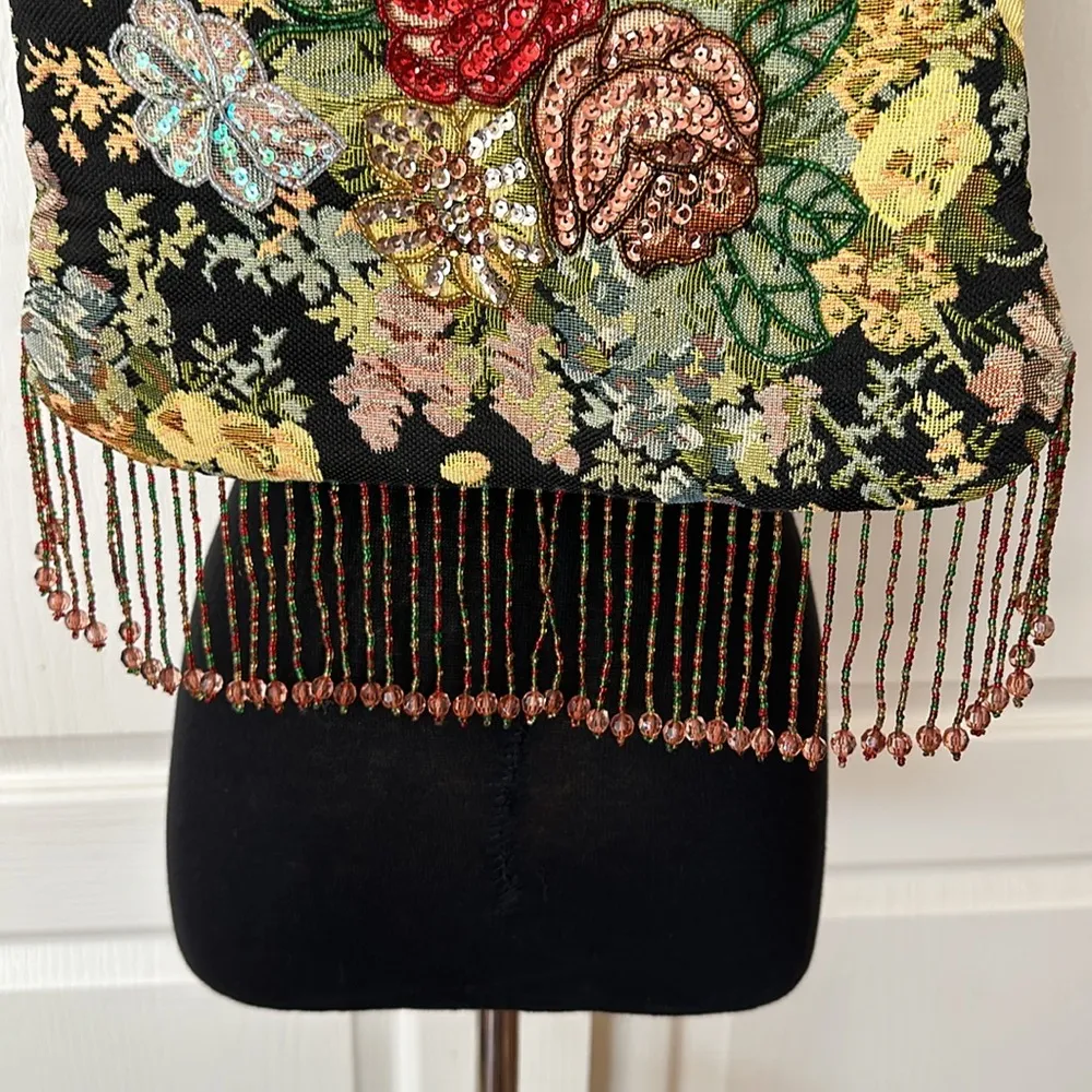 VTG PREZZO BEADED FRINGE FLORAL TAPESTRY SHOULDER BAG PURSE Black - Image 2