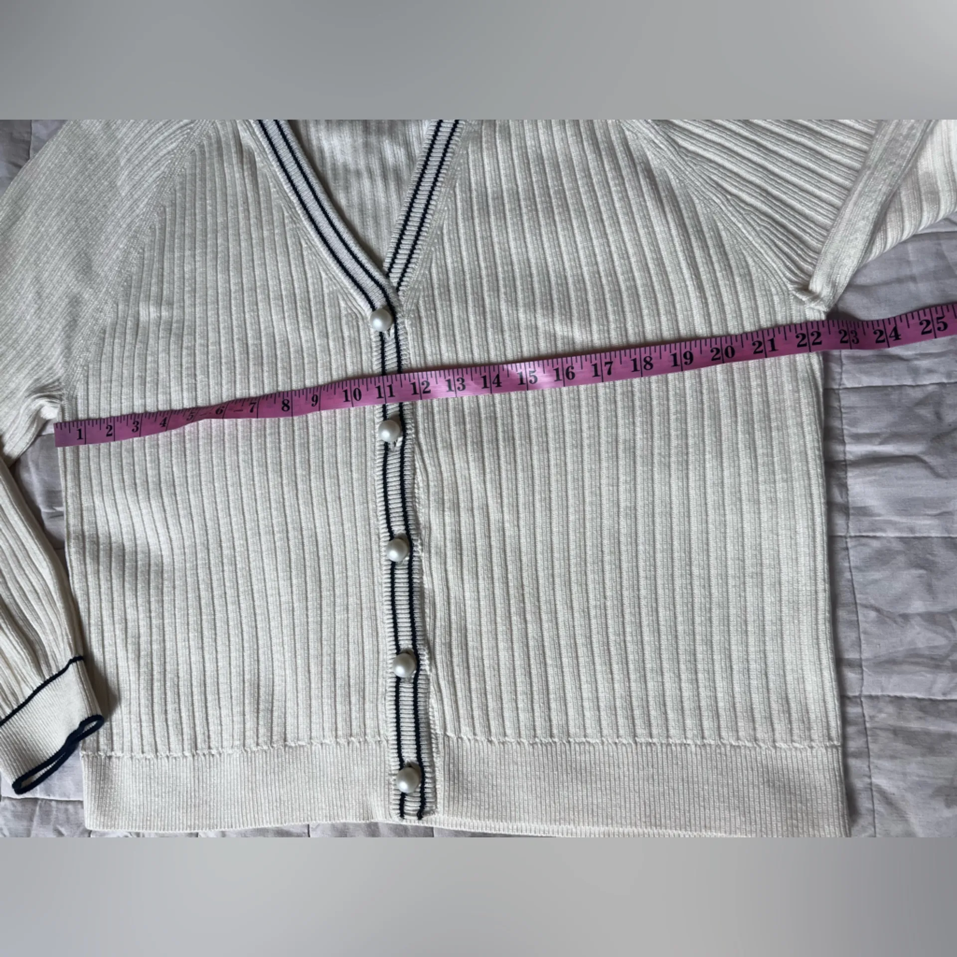 Talbots Cream Navy Trim V Neck Rib Knit Cardigan Sweater Old Money Preppy - XL - Image 5