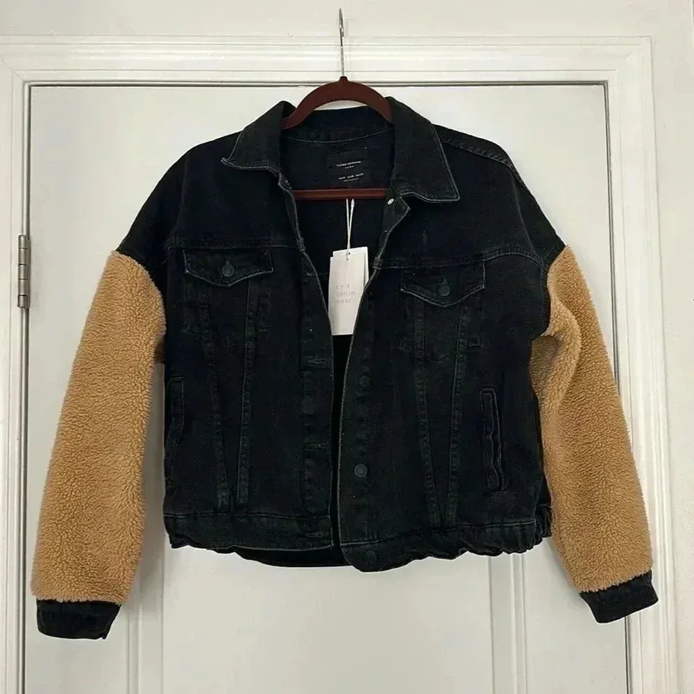 NWT Zara Black Denim Jacket with Sherpa Sleeves Sz M - Image 3