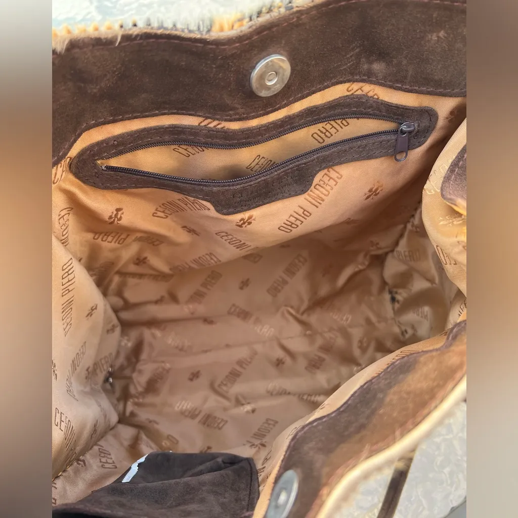 Cecconi Piero Womens Tote Leather Calf Hair handbag Floral Boho‎ Western Italy Brown - Image 13