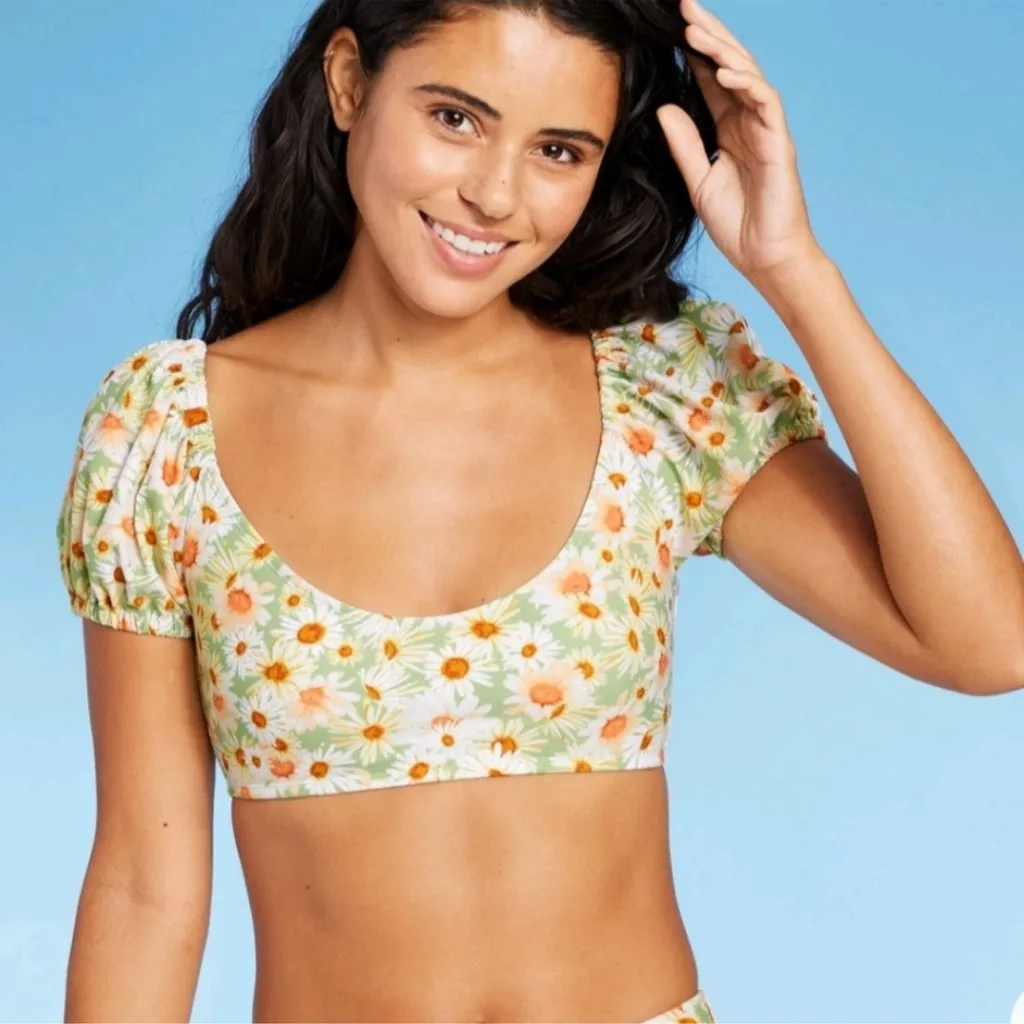 New Wild Fable Green Yellow Peach Daisy Floral Puff Sleeve Bikini Swim Small S - Image 4