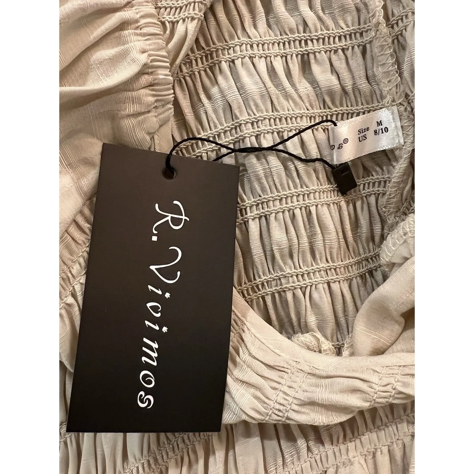 R.Vivimos Maxi Dress for Women Long Sleeve V Neck Empire Waist Layered Ruffle M Tan Size M - Image 6