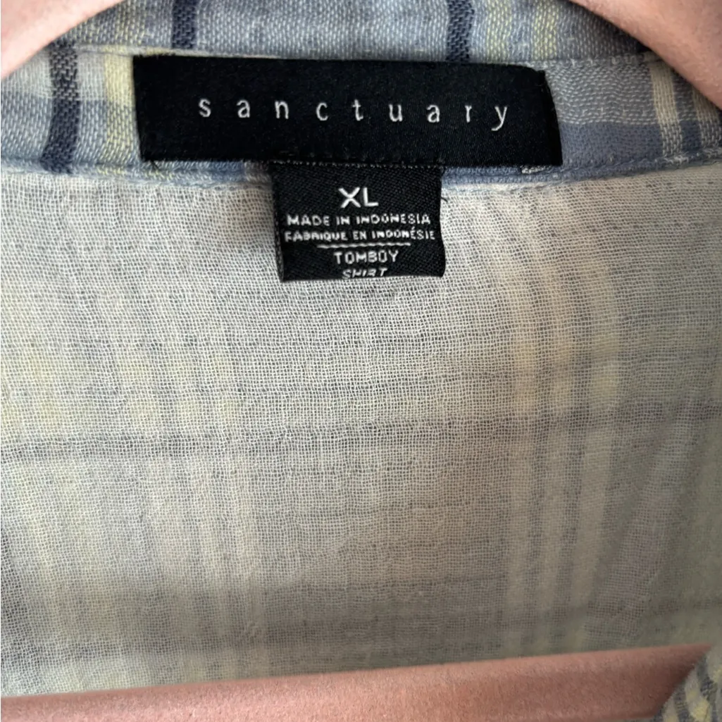 Sanctuary Blue and Cream Plaid Casual Shirt Crinkle Cotton Size XL - Image 4