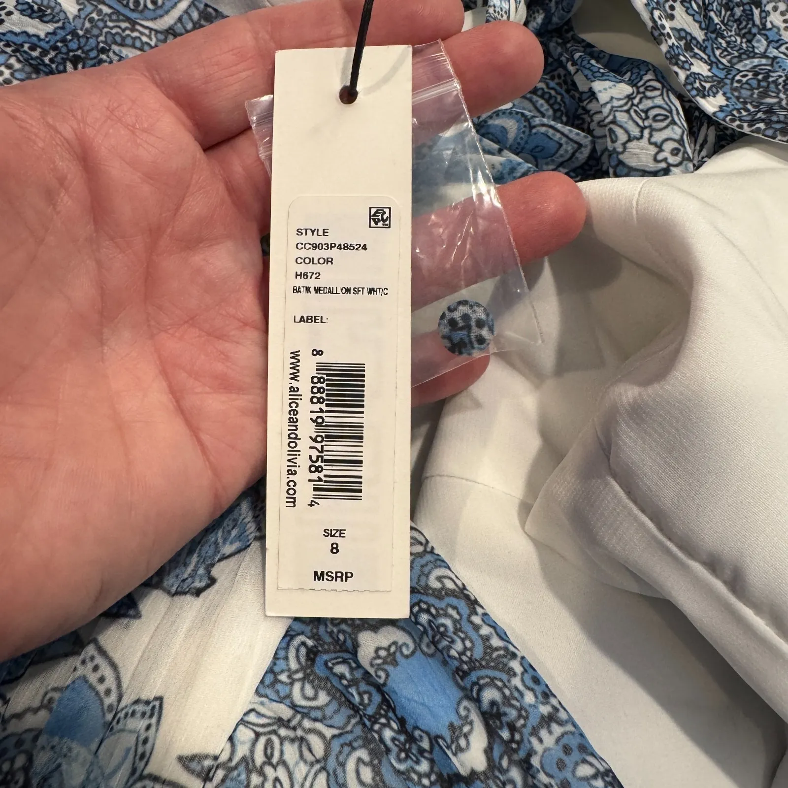 Alice + Olivia Boho Country Maxi Dress Womens 8 Blue‎ White Batik Medallion NEW - Image 10