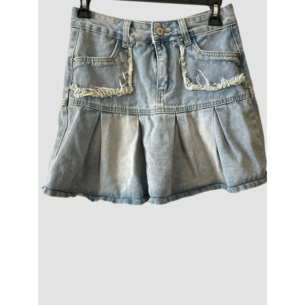 Women’s Denim Pleated Skirt Y2K Fringed Pockets Stretch Sz Medium Cotton Viscose - Image 2