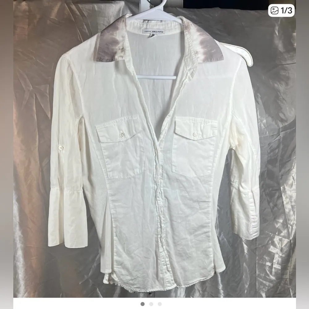 James Perse White Button-Down Shirt with Gray Collar A0196 - Image 4