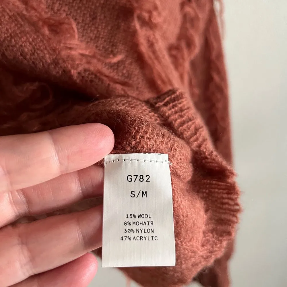 Kerisma Rust Distressed Knit Sweater S/M Cropped Fringe Grunge Boho Pullover - Image 9