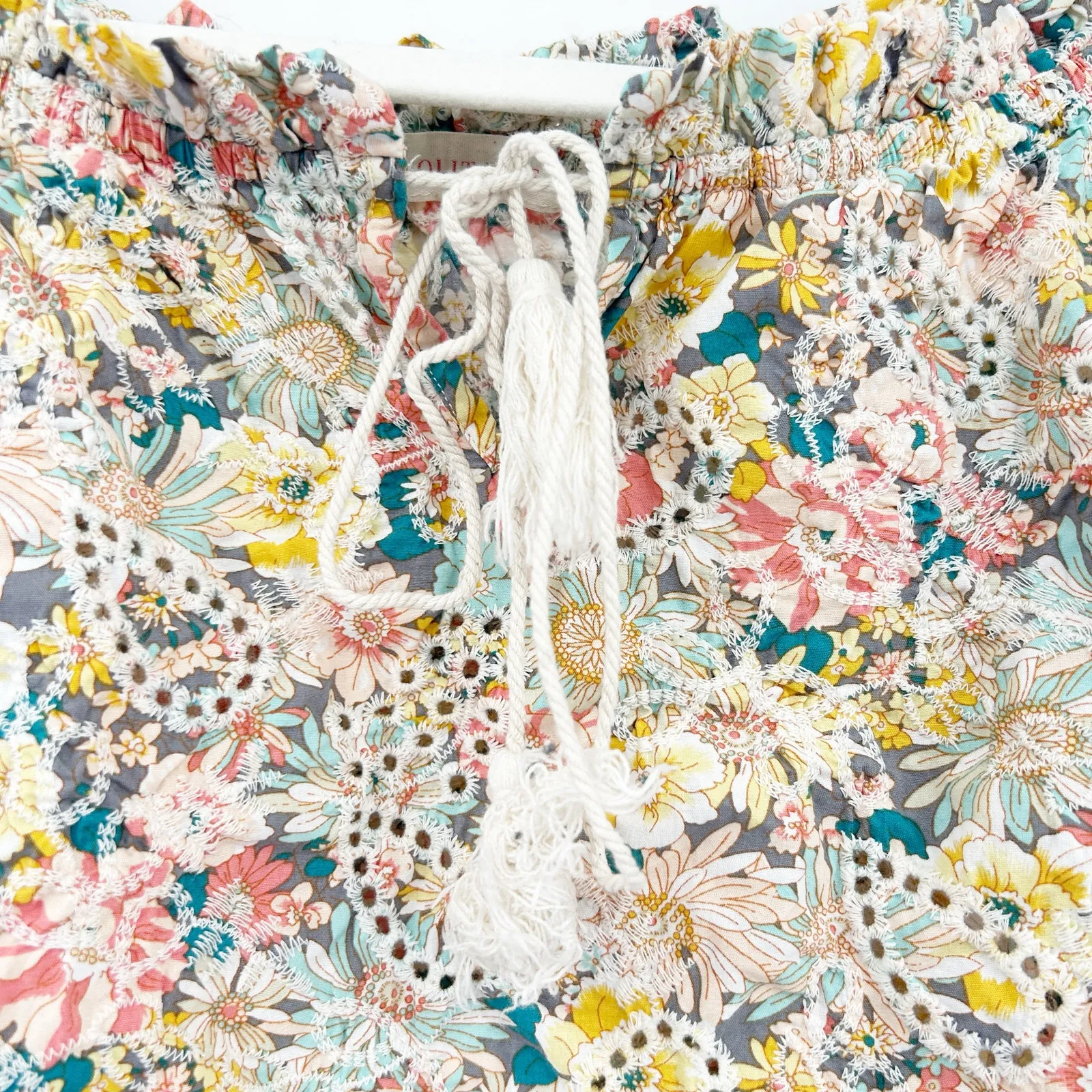 Solitaire Womens Boho Cottagecore Eyelet Off Shoulder‎ Crop Top Blouse Size M - Image 3