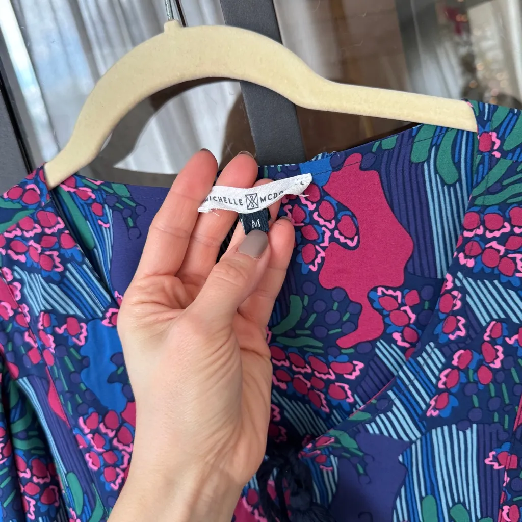 Michelle McDowell Penny Top Center Piece Navy Print Puff Sleeve Blouse block Blue Size M - Image 5