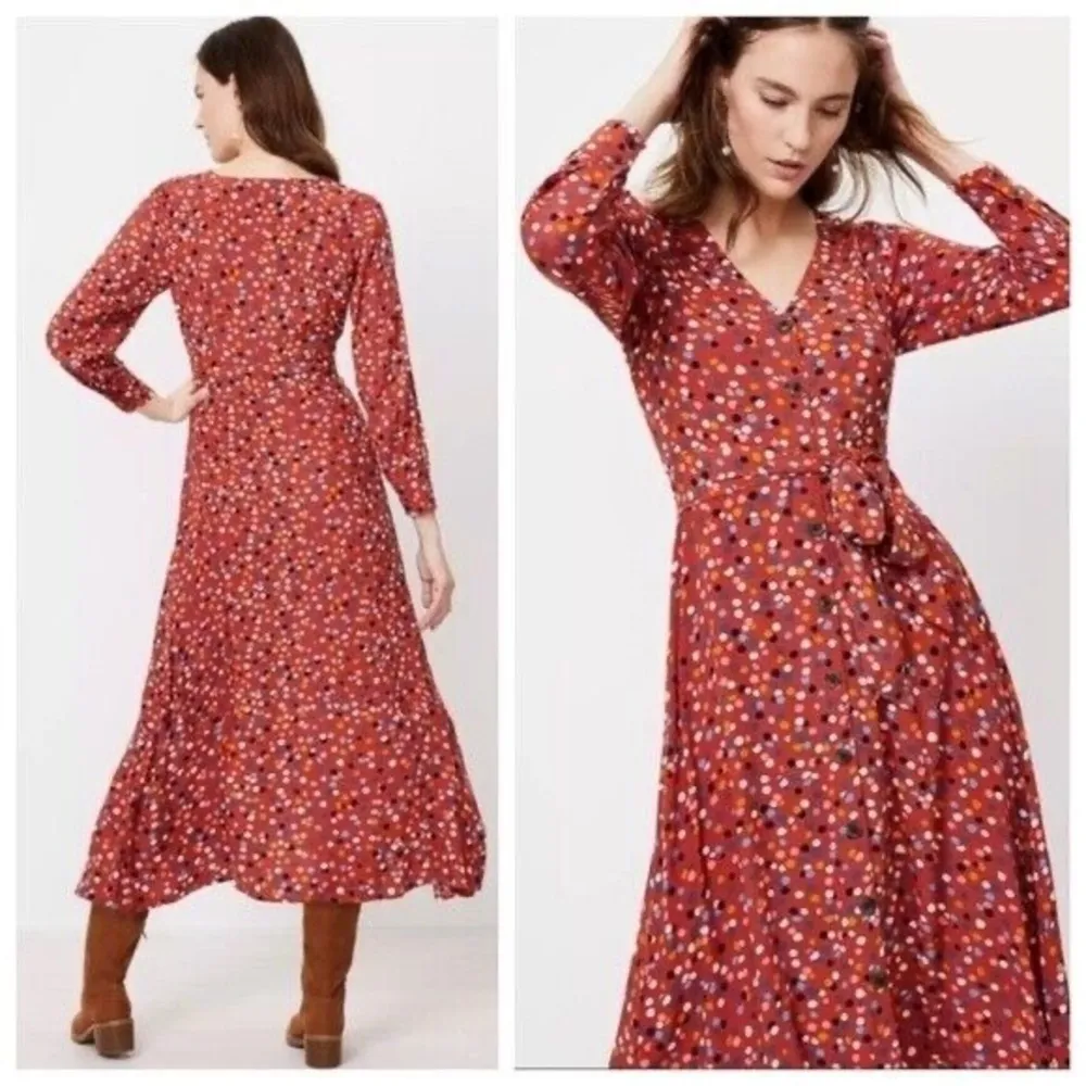 Loft Dotted V Neck Tie Waist Midi Shirt Dress Size 8 Multicolor Long Sleeve - Image 10