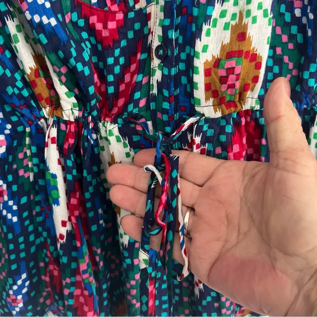 Maeve Anthropologie Topoxte Geometric Ikat Button Front Shirt Tie Waist Sz 8 Euc Green - Image 5