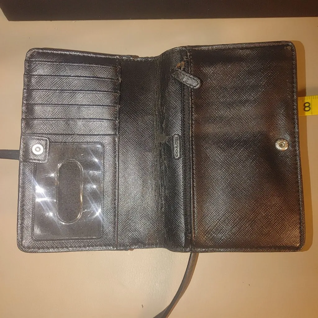 Coach Signature Black Crossbody Wallet Canvas Leather Turnlock Closure Compact - Image 3