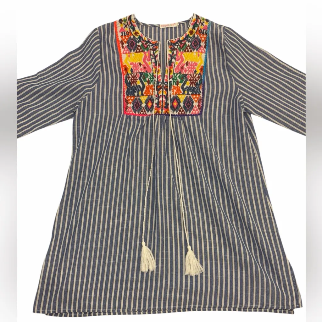 Top It Off Embroidered Striped Tunic Coastal Mini Dress Size Small Resortwear Blue - Image 3