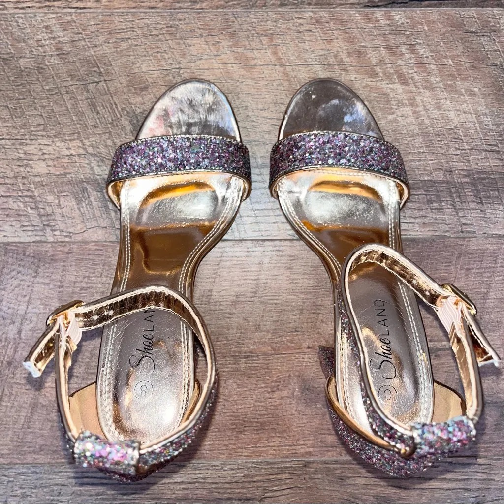 Rose Gold Glitter Strappy Block Heels Pink Size 8 - Image 10