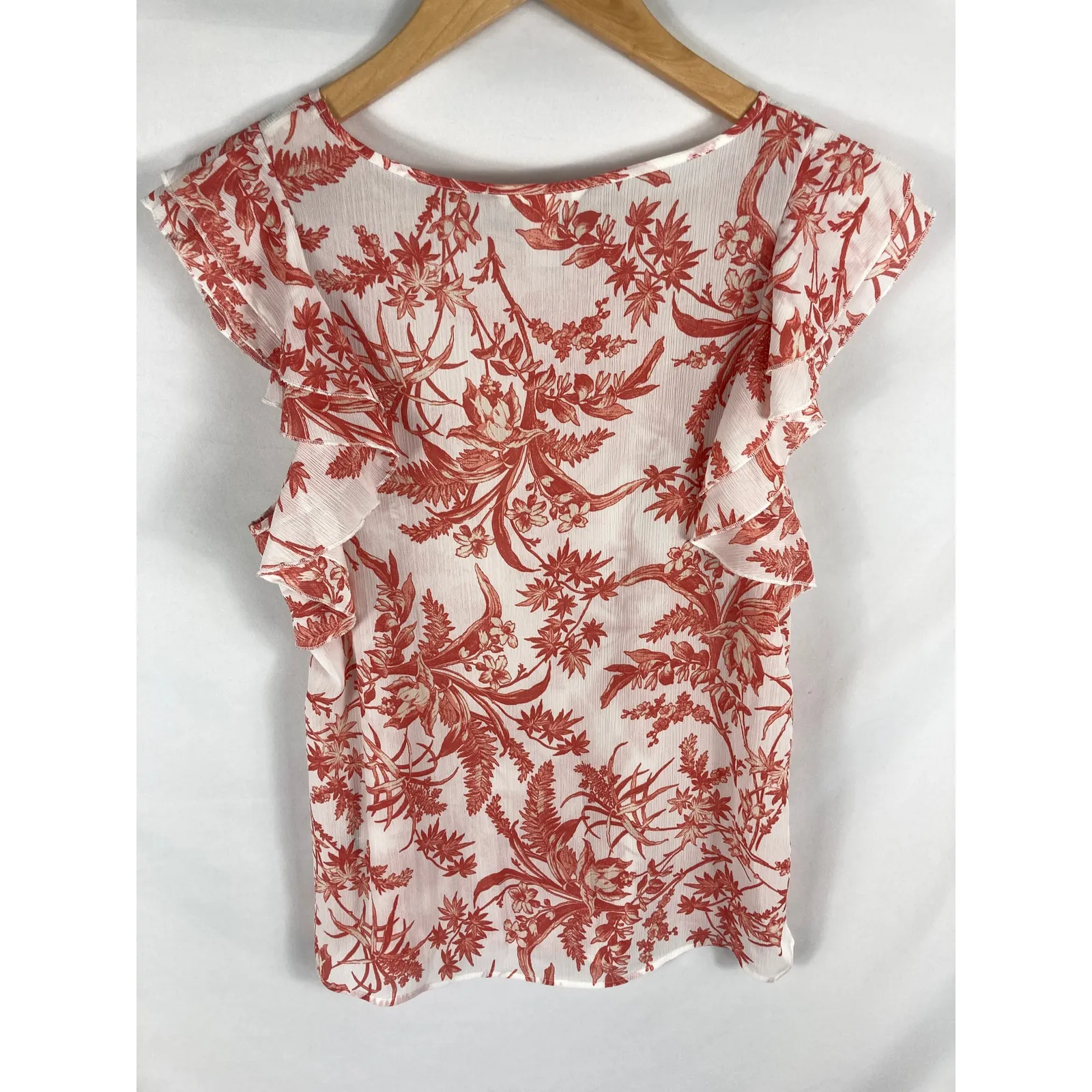 H&M Floral Print Ruffle Sleeve Blouse Pink White Size 4 - Image 4