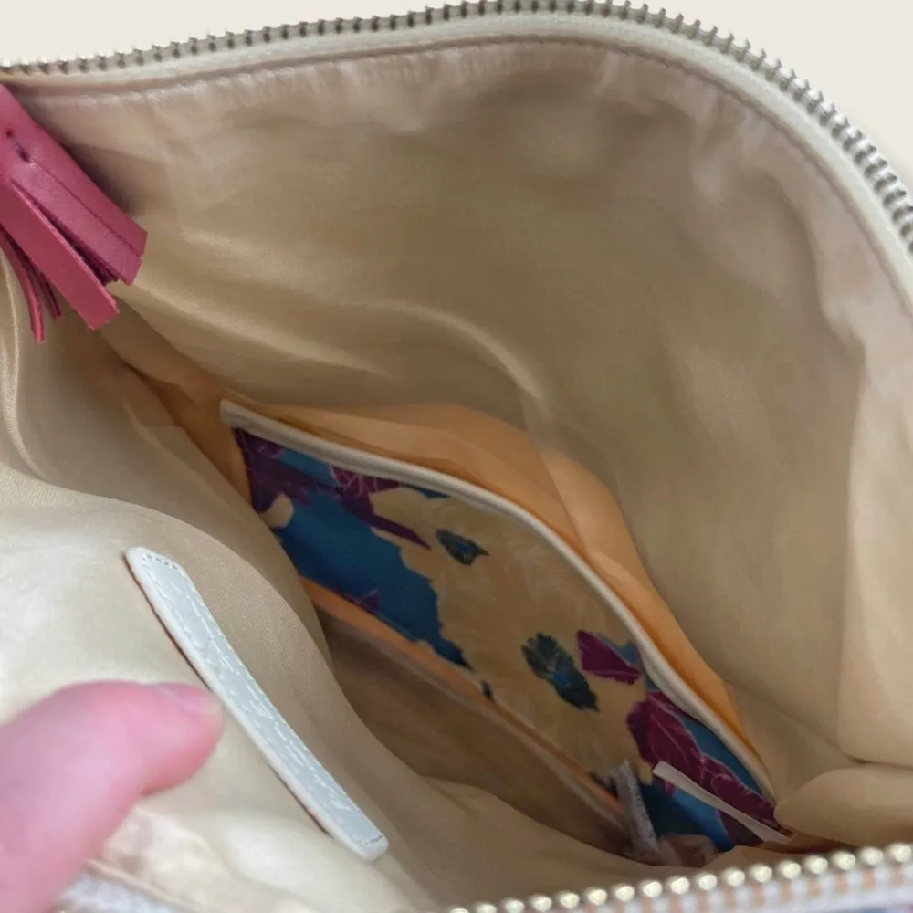 Rachel Pally Cream Blue Floral Vegan Fold Over Reversible Tassel Zip Clutch - Image 4