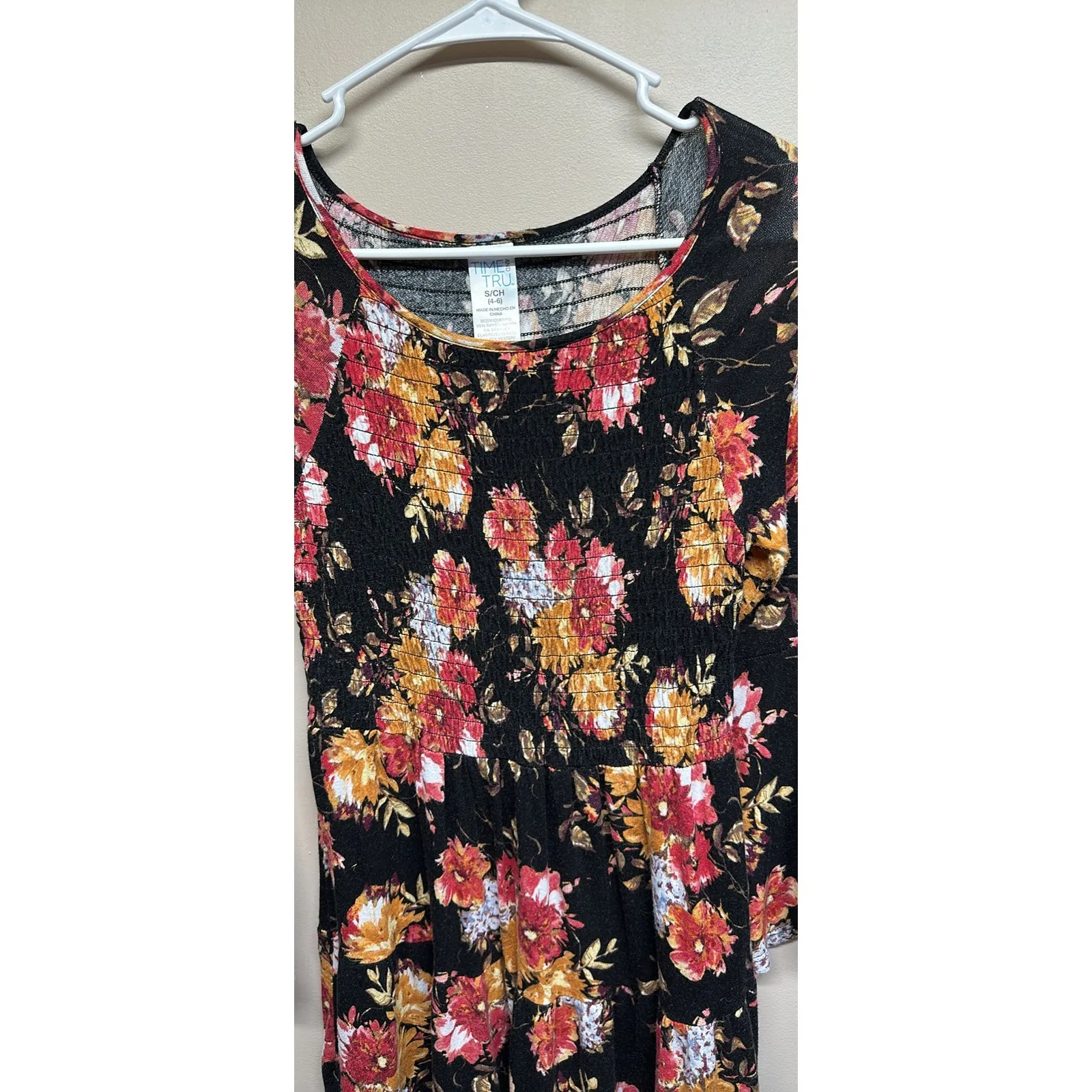 Time & Tru Womens Black Floral Smocked Tiered Ruffle Sleeve Peasant Top Small - Image 5