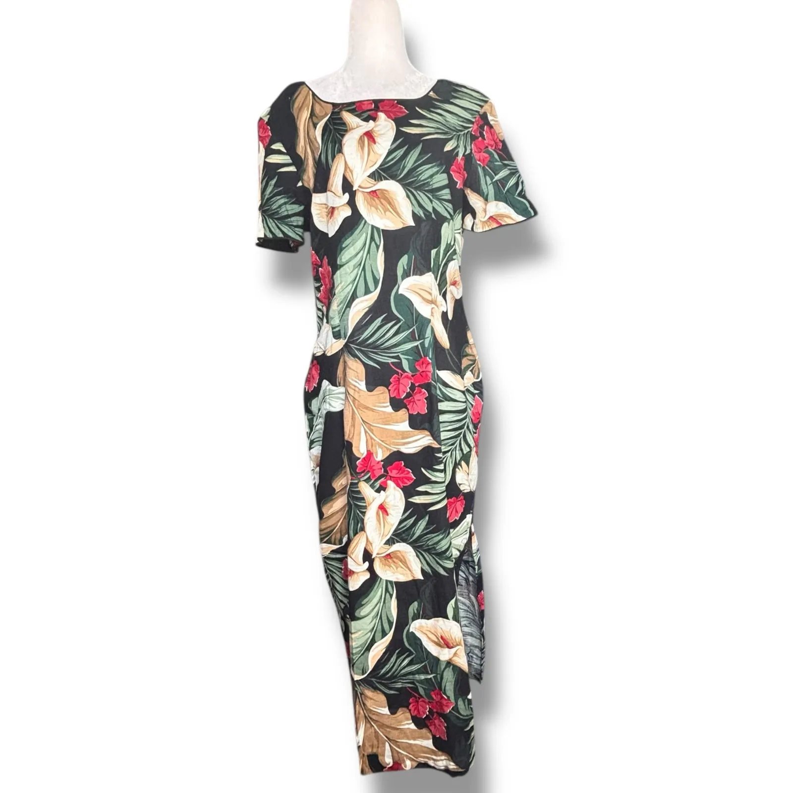 Vintage 90s Liberty House Young Hawaii Black Tropical Dark Floral Maxi Dress Size M - Image 11