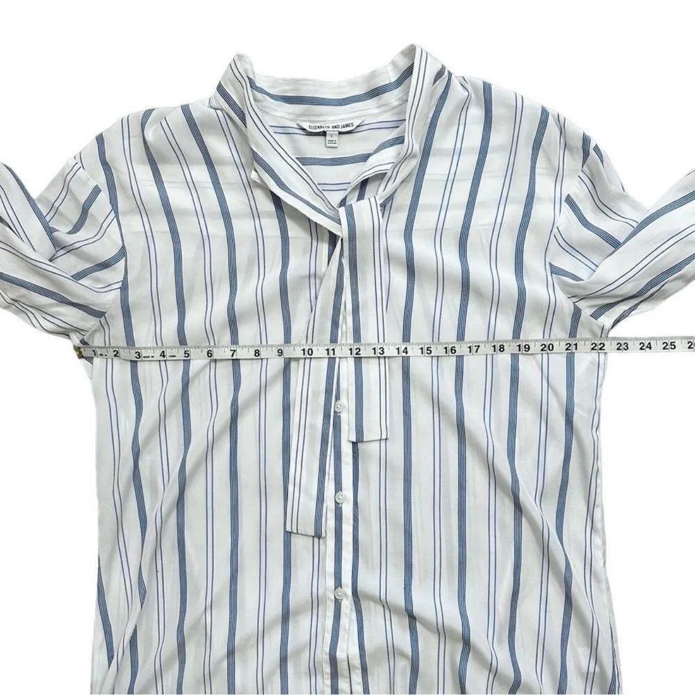 Elizabeth And James Blue Stripe Tie Neck Tunic Button Down Blouse Size Large - Image 8