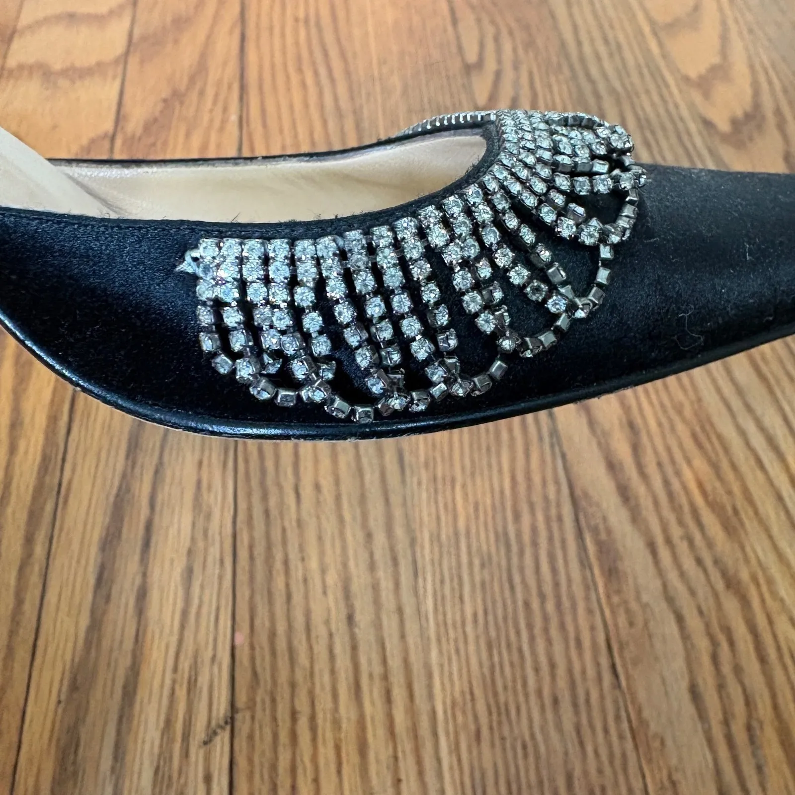 Manolo Blahnik Black Satin Slingback Heels Crystal Pointed Toe Pumps Sz 36.5 6.5 - Image 13