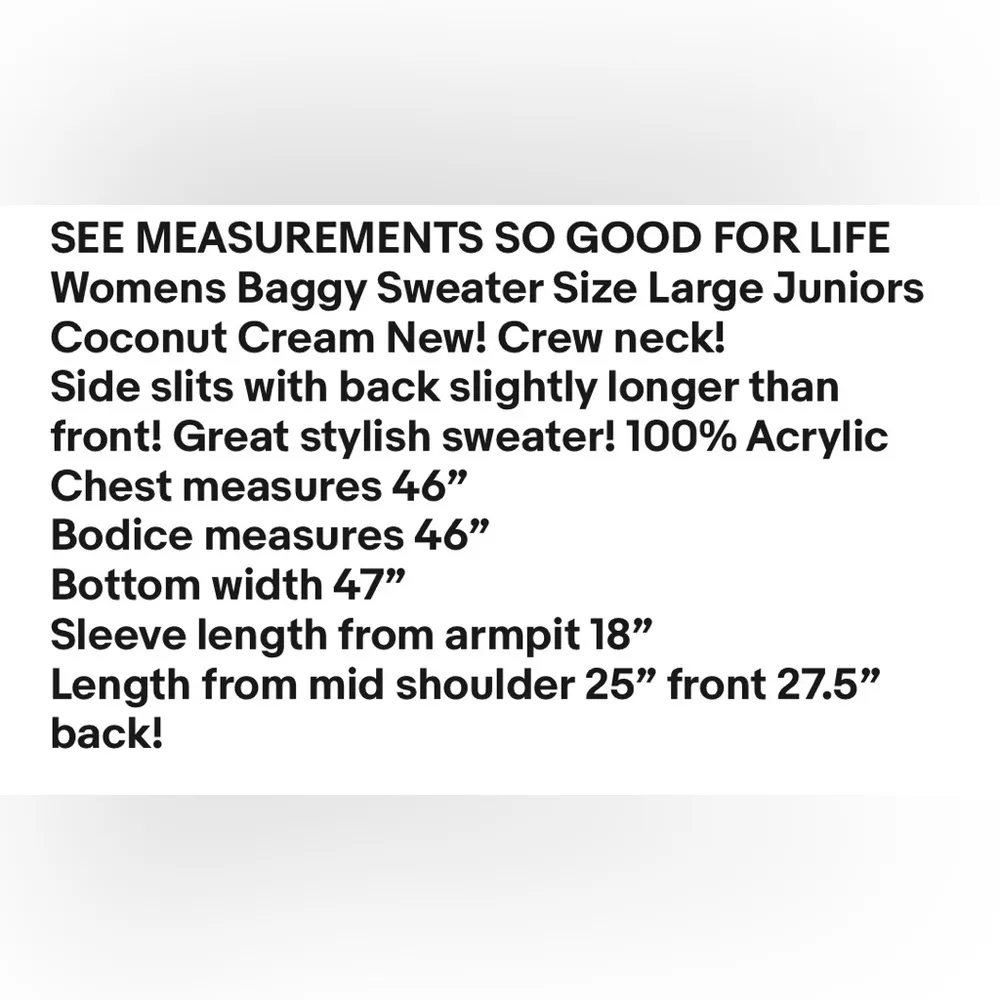 SO GOOD FOR LIFE Womens Baggy Sweater Size Large Juniors Coconut Cream New - Image 8