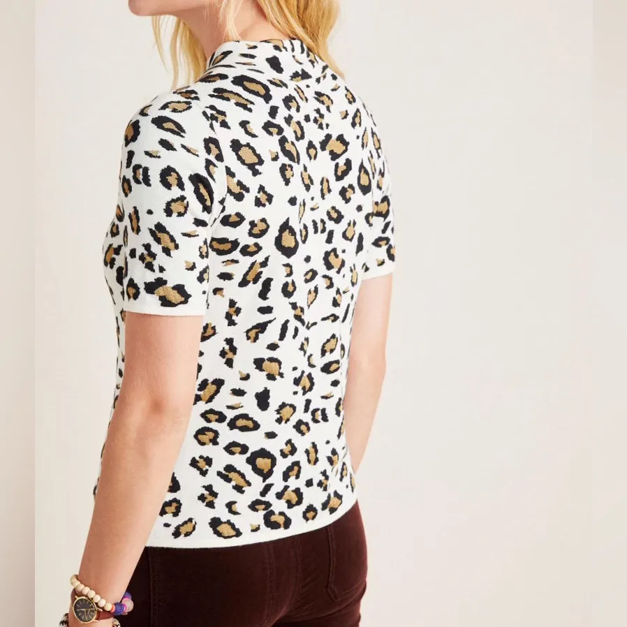 Anthropologie Field Flower Leopard Print Top Short Sleeve Sweater Knit Small - Image 2