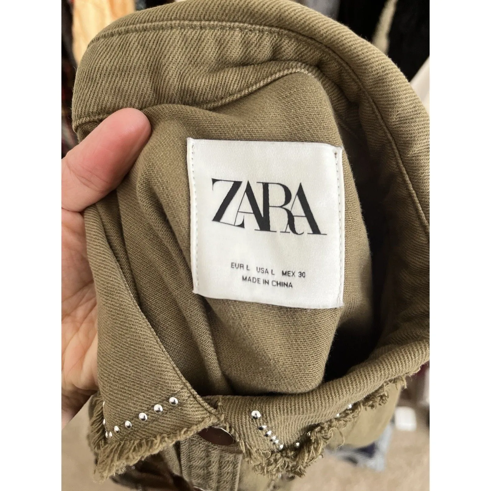 Zara Olive Green Shacket L Fringe Studded Western Rodeo Snap Button Cotton - Image 2