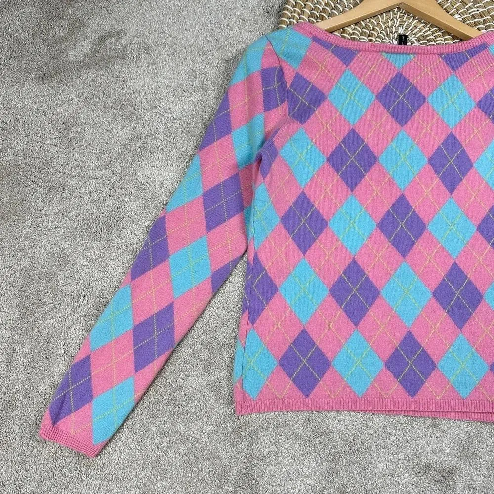 Exposite 100% Cashmere Sweater Long Sleeve Argyle Buffalo Plaid Check Pink L Size L - Image 6