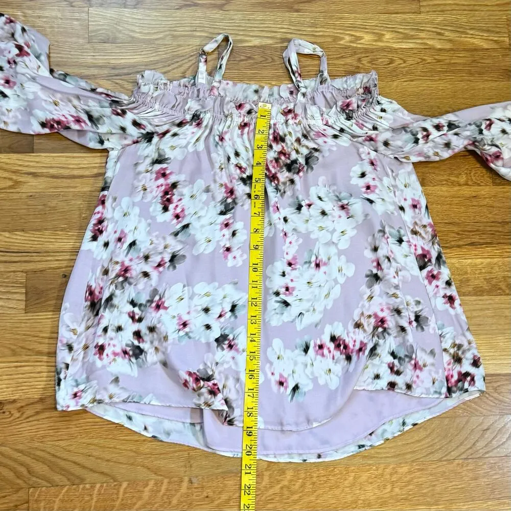 Parker Women’s XS Silk Purple Floral Print Off Shoulder Long Sleeve Shit Blouse - Image 4