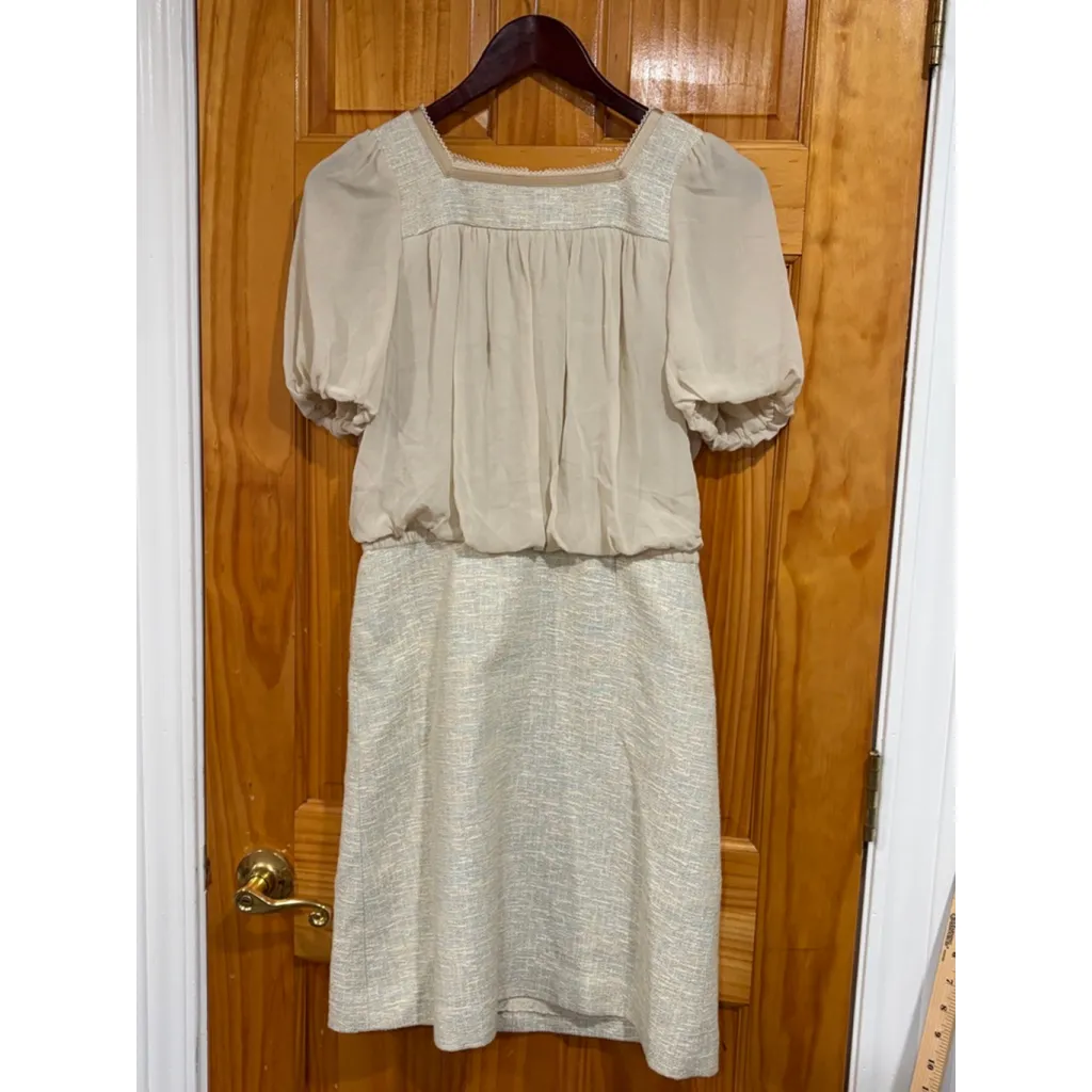 Paul Stuart Silk Chiffon & Tweed Dress Beige Cream Puff Sleeve Size S - Image 8