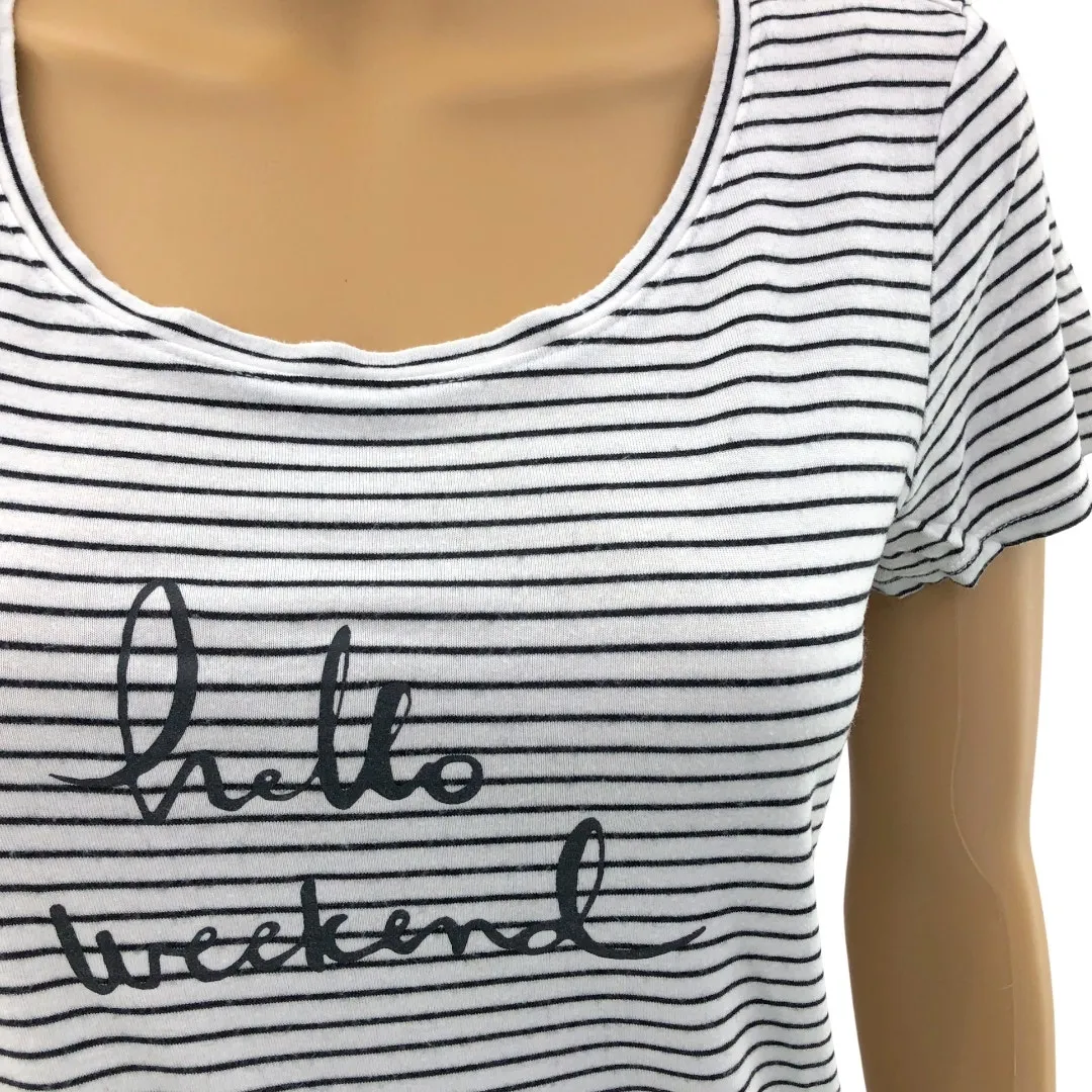 Dressbarn Sunday SMALL White Black Striped Hello Weekend Tee Top Short Sleeve - Image 2