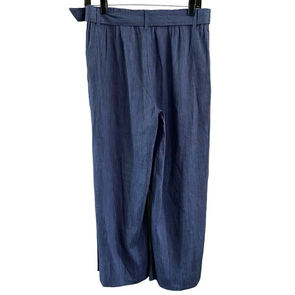 NEW J Jill Size S Linen Blend Wide Leg Ankle Pants Blue Thin Stripe Belted - Image 2