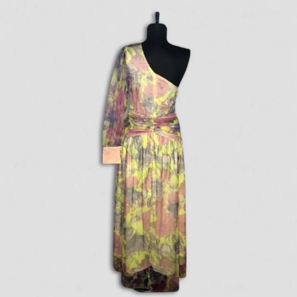 Vintage 70s One Shoulder Maxi Dress Floral Yellow Pink M Size M - Image 2