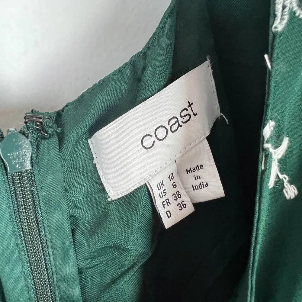 Coast Floral Embroidered Bell Sleeve Ruffle Hem Dress Green US Size 6 EUC - Image 5