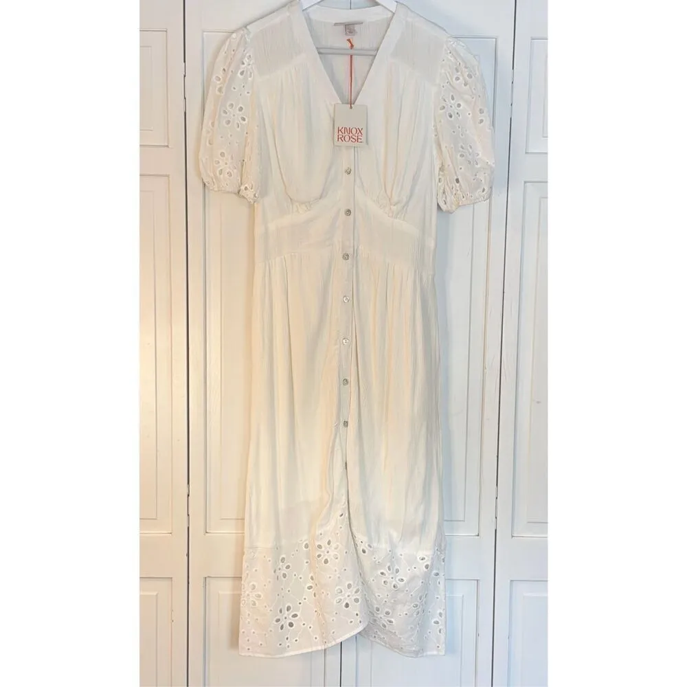 Knox Rose NWT white eyelet puff sleeve midi dress pockets small - Image 12