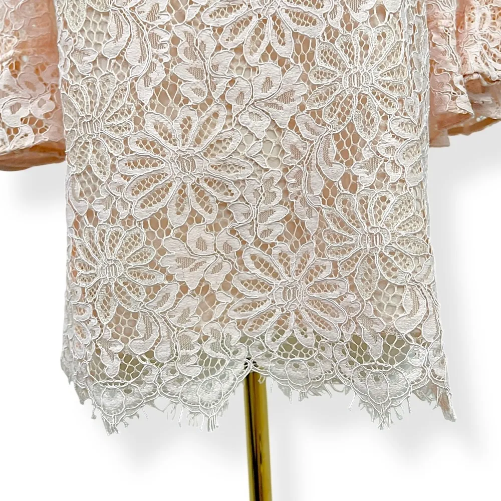 Nanette Lepore Floral Lace Crew Neck Bell Sleeve Top Shirt Large Light Pink - Image 13