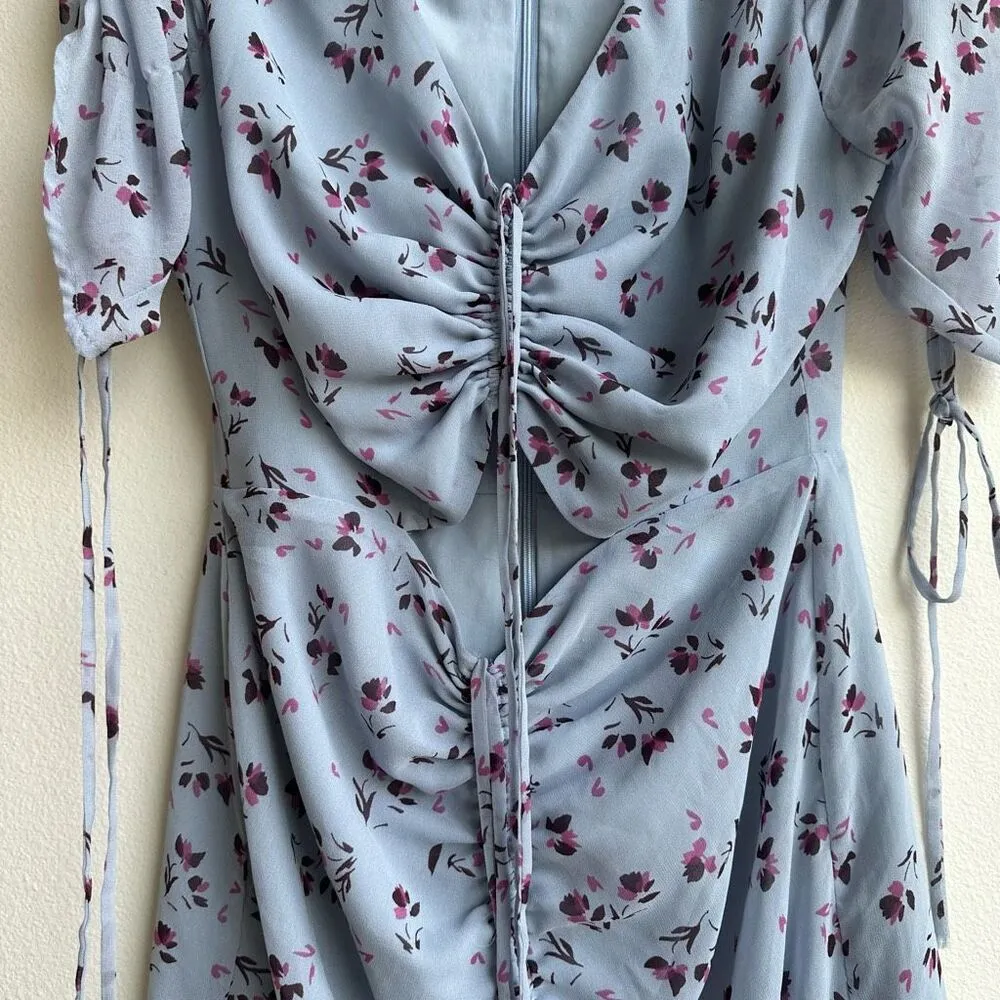 WAYF Larissa Cut Out Puff Sleeve Mini Dress Blue Floral Ruched Size Medium - Image 3
